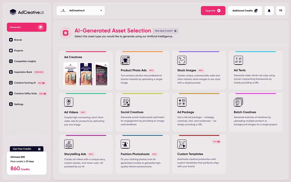 AdCreative.ai app: choose what to generate, such as ad creatives, product photos, videos or ad texts