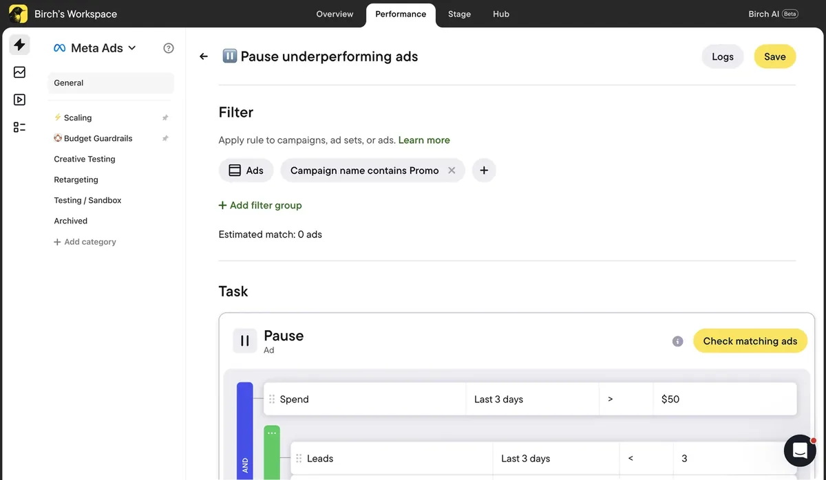 Bïrch rule editor: a rule that pauses ads whose spend passes $50 in 3 days with too few leads