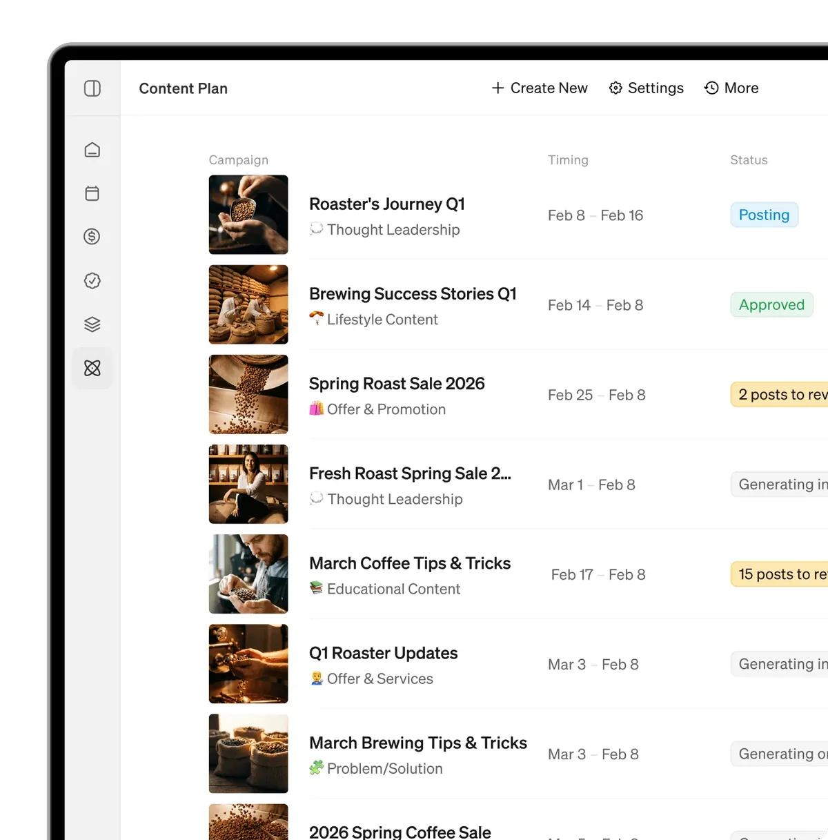 Blaze's Content Plan: campaigns with their dates and a status for each, from generating to posting