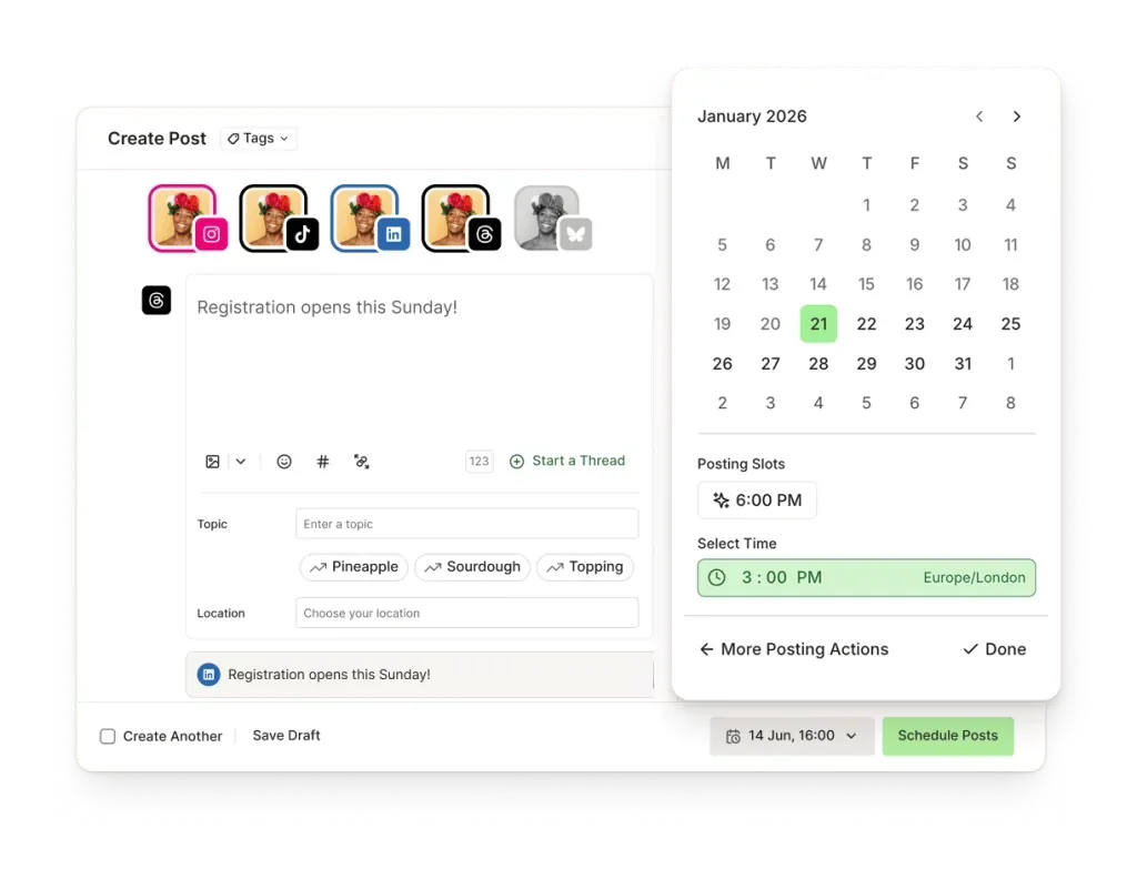 Buffer's composer: one post sent to several channels, with a calendar to pick posting slots