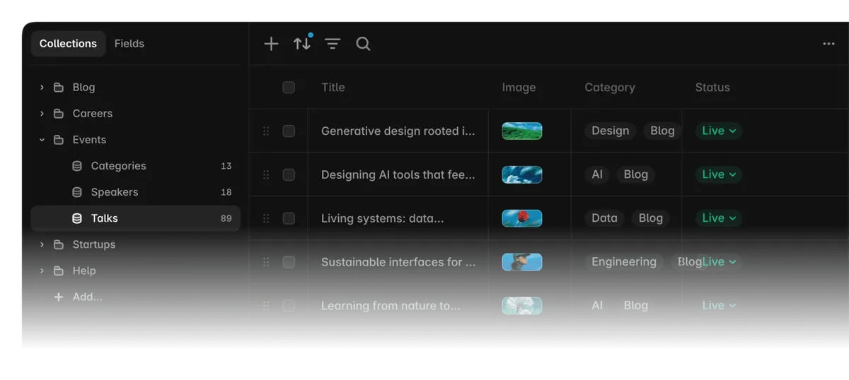 Framer's CMS: blog posts in collections, with categories and live status