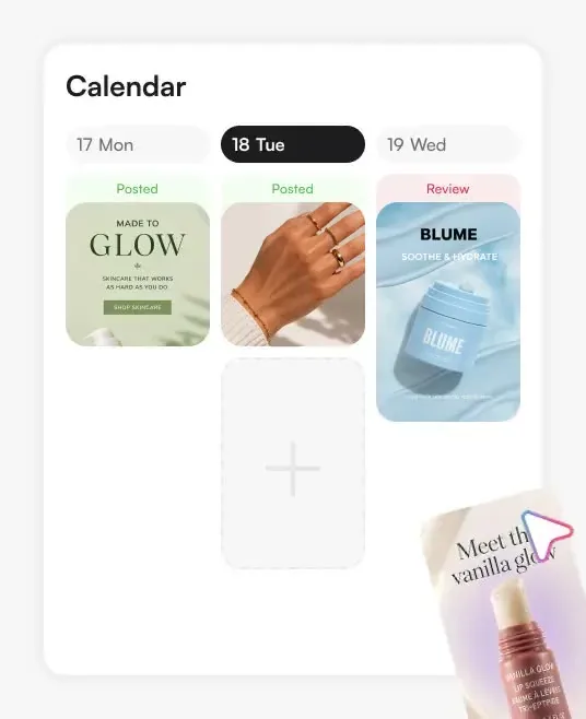 Holo content calendar: posted and in-review creatives by day