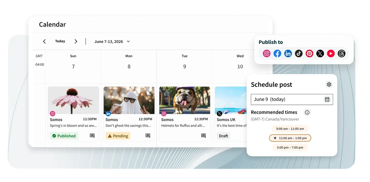 Hootsuite weekly calendar with scheduled posts, network icons and recommended posting times