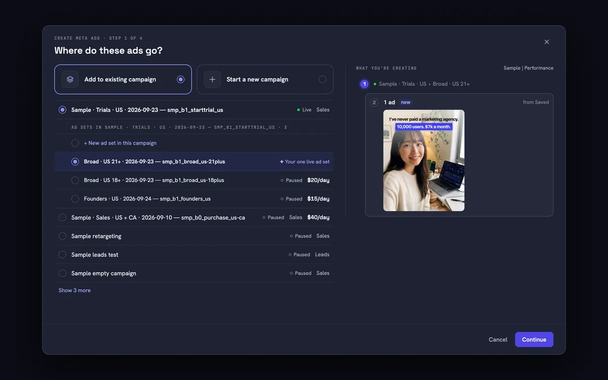 Infinite launching a new Meta ad: picking the campaign and ad set it goes into, on sample campaigns
