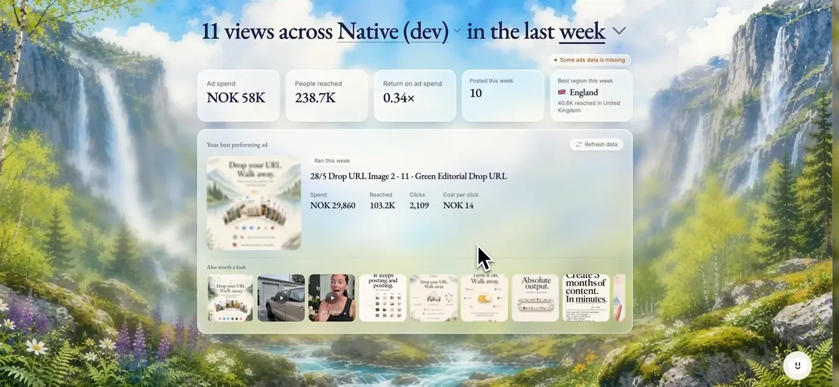 Native's dashboard: ad spend, reach, return on ad spend and the best ad of the week