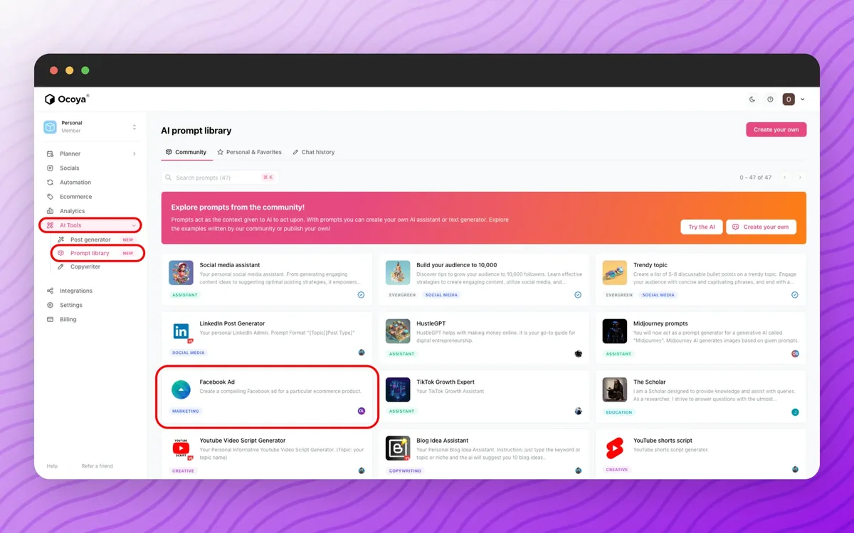 Ocoya's AI prompt library, with a Facebook ad prompt highlighted