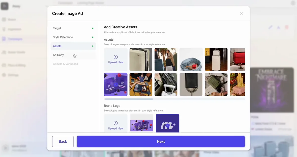 Playad's Create Image Ad screen: pick a style reference, your assets and your logo