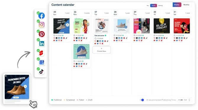 Predis.ai content calendar: a week of posts with the networks each one goes to