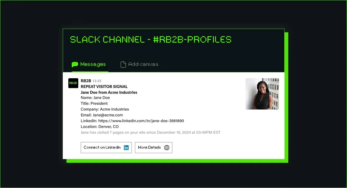 RB2B posts an identified visitor to a Slack channel: name, title, company and LinkedIn profile, with sample data