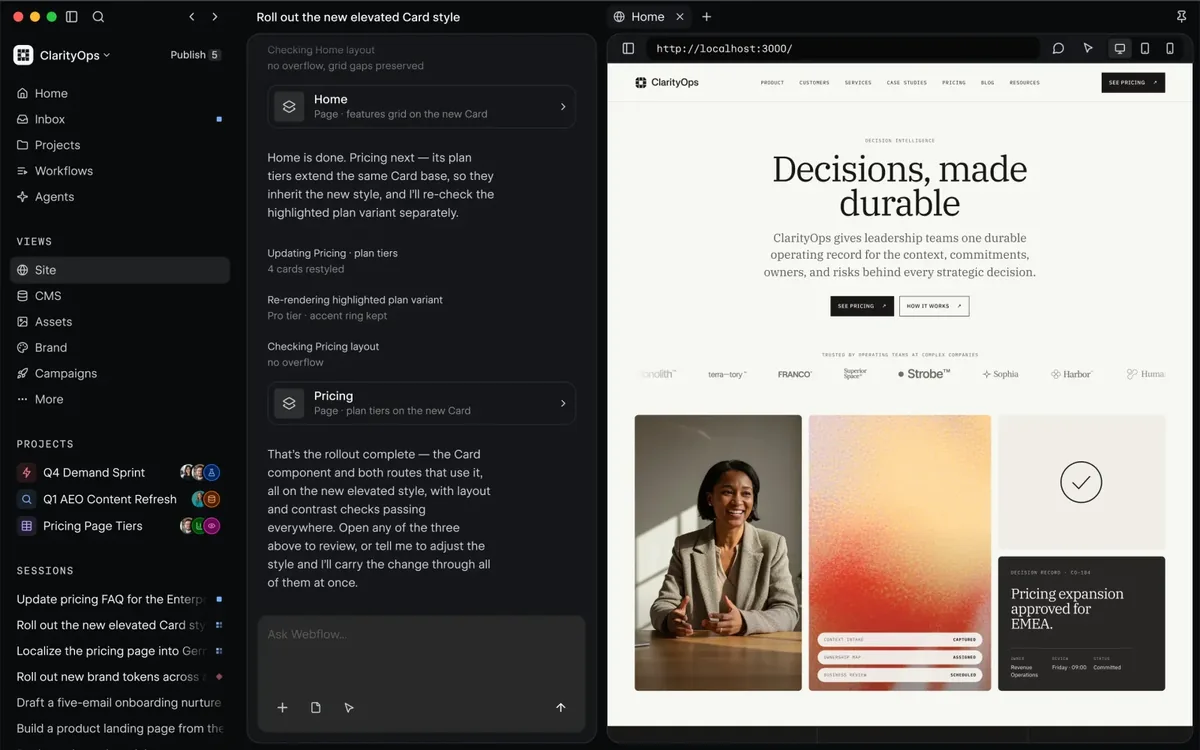 Source by Webflow: an agent restyles pages from a chat while the site preview updates beside it
