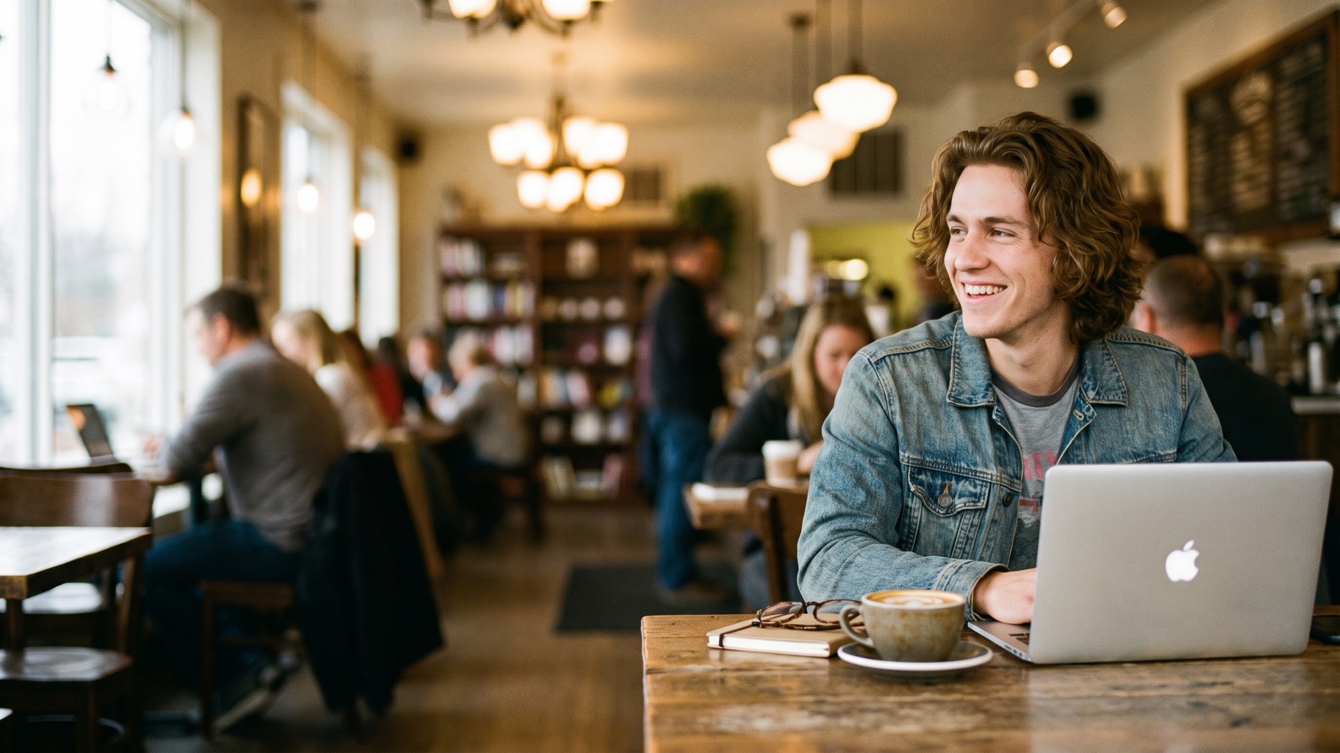A consumer-app founder working on his laptop in a coffee shop