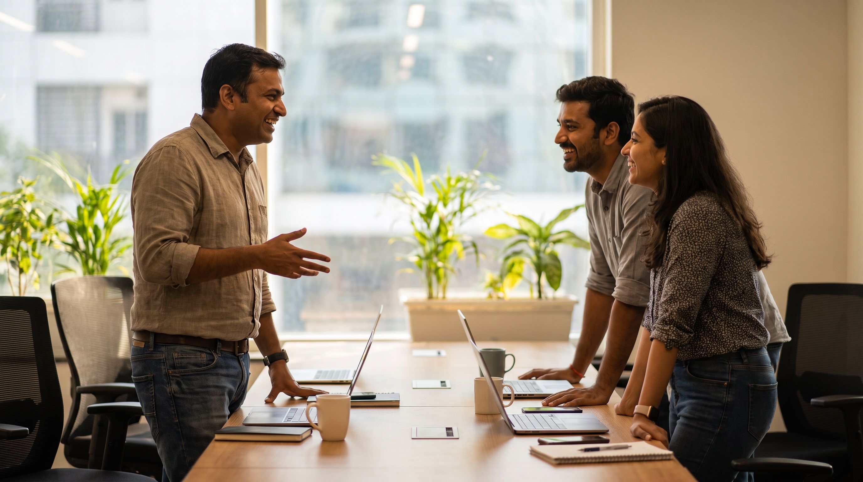 A founder talking with two colleagues in a modern office