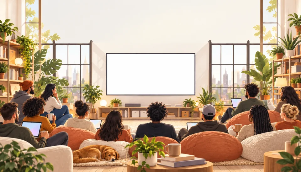 Founders in a sunlit studio, watching a big screen with Infinite and Claude Code on it