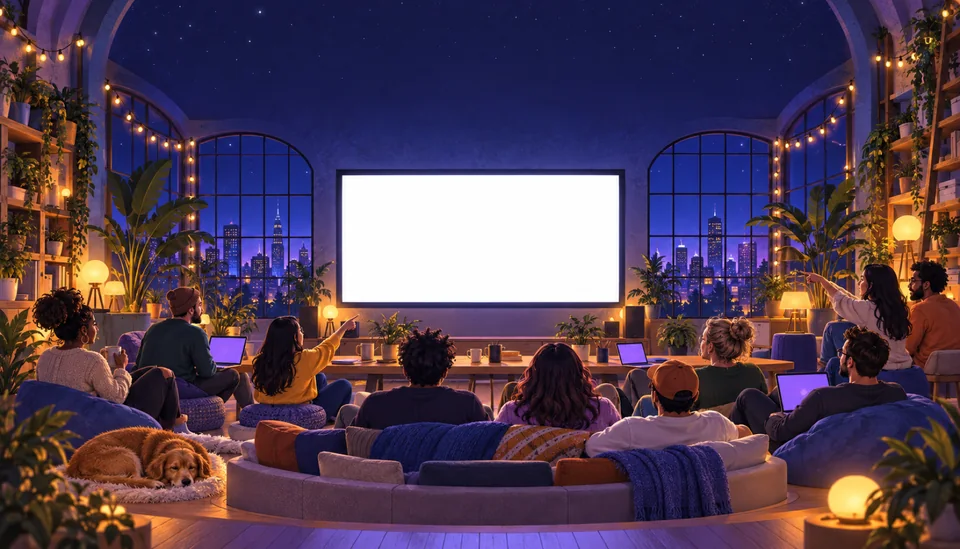 Founders in a creative studio at night, watching a big screen with Infinite and Codex on it